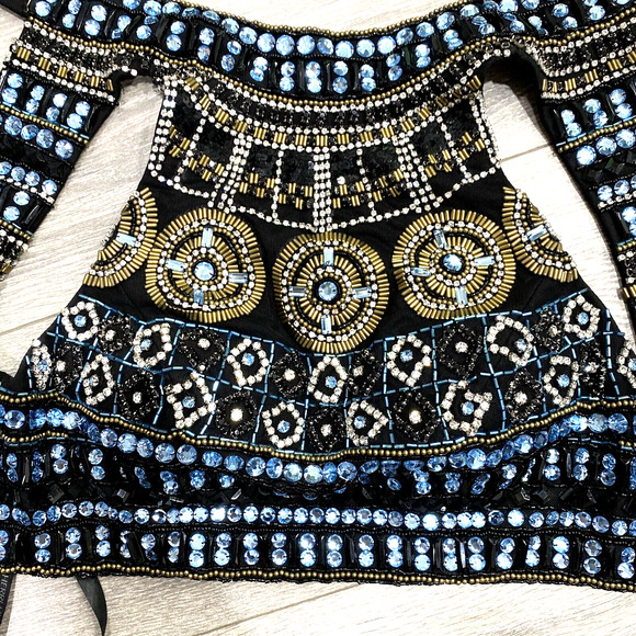 Sherri Hill Size 0 Beaded Cropped Halter Top Bustier Black Blue Gold Crystals - Picture 6 of 7